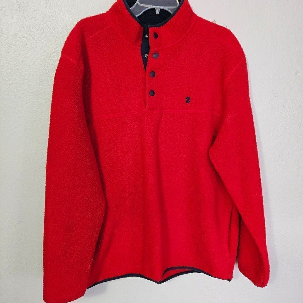 MEN'S IZOD SPORTSWEAR CASUAL FLEECE JACKET FOUR BUTTON RED BLUE TRIM SIZE  XL
